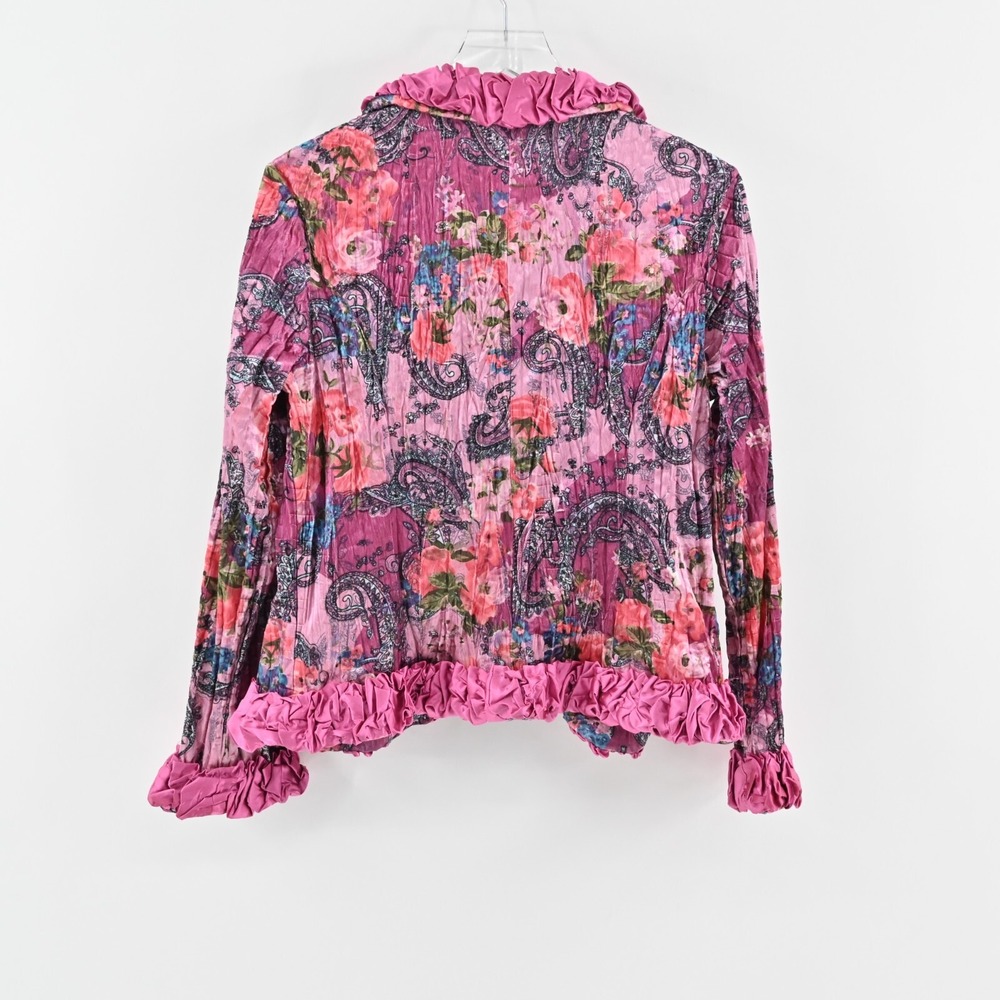 Vtg FANTAZIA Womens Velvet Jacket Size M Pink Floral Paisley Crinkle Ruffle Y2k - Picture 2 of 11
